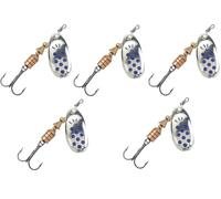 Pack 5 Cucharillas de Pesca Giratorias Modelo Dotty Modelo 11 | n.º 3, 7g - Color Plata con Puntos Azules - Señuelos para Trucha, Perca y Lucio - Anzuelo Triple con Muerte