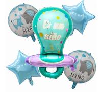 Pack 5 Globos baby shower niño, decoración de fiesta, decoraciones, gender reveal, globo recien nacido, decoración niño, revelación de género (Azul)