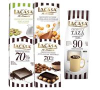 Pack 5 tabletas chocolate lacasa:taza 90 segundos 350g,leche avellanas 100g,leche pistacho 90g,negro 100g,negro avellana 200g