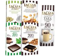 Pack 5 tabletas chocolate lacasa:taza 90 segundos 350g,leche avellanas 100g,leche pistacho 90g, negro menta 100g,negro almendra 200g