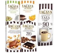 Pack 5 tabletas chocolate lacasa:taza 90 segundos 350g,leche avellanas 100g,negro naranja 100g,leche pistacho 90g,negro avellana 200g