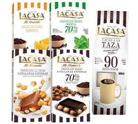 Pack 5 tabletas chocolate lacasa:taza 90 segundos 350g,leche avellanas 100g,negro naranja 100g, negro menta 100g,negro avellana 200g