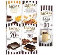 Pack 5 tabletas chocolate lacasa:taza 90 segundos 350g,leche avellanas 100g,negro naranja 100g,negro 100g,negro avellana 200g