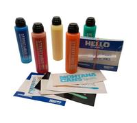 Pack 5 x 90ml MTN Street Dabber + Paquete de 50 pegatinas hello my name,azul o roja, Marcador de Pintura Exprimible, 90ml, Punta Redonda, Multicolor,Rellenable