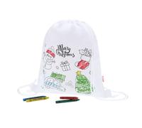Pack 50 Mochilas para Colorear “Merry Christmas” con 4 Ceras - Mochila Infantil Navideña en Non-Woven RPET 25×30 cm. - Regalo para Niños en Navidad, Colegios, Eventos y Fiestas.