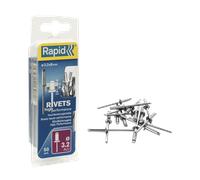 Rapid Caja de 50 Remaches de Aluminio Ø3.2 x 8 mm Adecuados para Fijar Guardabarros, Cubiertas Metálicas y Plásticas, Señalización y Chapas, Incluye Broca para Taladro (5000383)