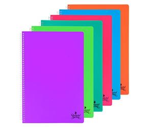 PACK 6 CUADERNOS A4 RAYAS HORIZONTALES QUIJOTE PAPER WORLD - Espiral flexible, Rayas Horizontales, Tapa Plástico, 80 Hojas, 90 gramos - 6 Colores flúor