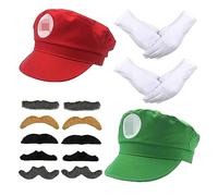 Pack 6 Disfraz Super Brothers, Gorra de Luigi y Mario Barba Negro Tirante Falda Calcetines, Traje Conjunto Classic para Mujer Carnaval y Cosplay, Color Rojo o Verde (Verde/Rojo, Talla única)