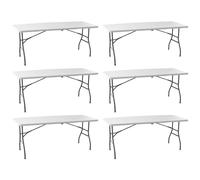 Pack 6 Mesas Plegables 180 cm Catering - Resina HDPE Blanca Alta Densidad - Estructura Acero Reforzado - Patas Plegables Tipo Maleta - Ideal Camping Jardín Eventos Fiestas - Interior y Exterior