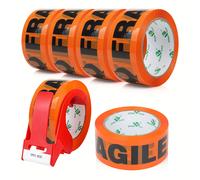 PACK 6 Rollos Cinta Adhesiva de Aviso de Frágil Naranja para Envíos, 48Mm X 50M, con Cortador, Base Naranja Negras Impresas, Cinta Adhesiva Fuerte de Resistencia para de Cajas