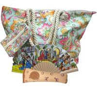 Pack Abanico de Tela y Bambú con Funda Artesanal + Bolso de Playa con Monedero | Ideal para Verano, Regalo, Viajes o Eventos | Accesorio Flamenco Práctico y Elegante (Flores Amarillas)