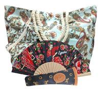 Pack Abanico de Tela y Bambú con Funda Artesanal + Bolso de Playa con Monedero | Ideal para Verano, Regalo, Viajes o Eventos | Accesorio Flamenco Práctico y Elegante (Flores y figuras 5)