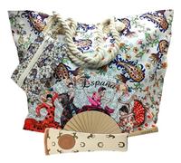 Pack Abanico de Tela y Bambú con Funda Artesanal + Bolso de Playa con Monedero | Ideal para Verano, Regalo, Viajes o Eventos | Accesorio Flamenco Práctico y Elegante (Flores y Figuras 4)