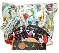 Pack Abanico de Tela y Bambú con Funda Artesanal + Bolso de Playa con Monedero | Ideal para Verano, Regalo, Viajes o Eventos | Accesorio Flamenco Práctico y Elegante (Colibrí)