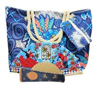 Pack Abanico de Tela y Bambú con Funda Artesanal + Bolso de Playa con Monedero | Ideal para Verano, Regalo, Viajes o Eventos | Accesorio Flamenco Práctico y Elegante (Azul Figuras)