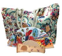 Pack Abanico de Tela y Bambú con Funda Artesanal + Bolso de Playa con Monedero | Ideal para Verano, Regalo, Viajes o Eventos | Accesorio Flamenco Práctico y Elegante (Flores)