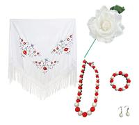 Pack accesorios flamenca mujer para feria de abril, mantón, Flor Rosa artificial con palo, bisutería perlas de plástico, traje flamenco, sevillanas (Pack Rojo Blanco Flor Blanca 6pcs, Mantón 150*70)