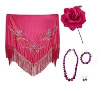 Pack accesorios flamenca mujer para feria de abril, mantón, Flor Rosa artificial con palo, bisutería perlas de plástico, traje flamenco, sevillanas (Pack Negro Fucsia Flor Fucsia 6pcs, Mantón 150*70)
