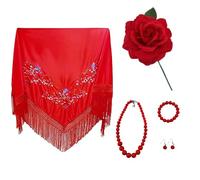 Pack accesorios flamenca mujer para feria de abril, mantón, Flor Rosa artificial con palo, bisutería perlas de plástico, traje flamenco, sevillanas (Pack Rojo Flor Roja 6pcs, Mantón 150*70)