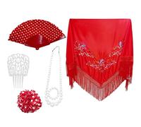 Pack Accesorios Flamenco para Mujer, Mantón con Flores Flamencos Sevillana para Fiesta de Baile, Pinzas de Pelo Tradicional, Abanicos en Diseño Flamenco (Rojo)