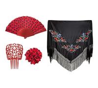 Pack Accesorios Flamenco para Mujer, Mantón con Flores Flamencos Sevillana para Fiesta de Baile, Pinzas de Pelo Tradicional, Abanicos en Diseño Flamenco (Rojo/Negro)