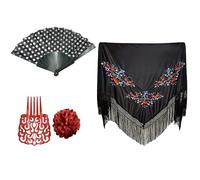 Pack Accesorios Flamenco para Mujer, Mantón con Flores Flamencos Sevillana para Fiesta de Baile, Pinzas de Pelo Tradicional, Abanicos en Diseño Flamenco (Pack Negro 4pcs)