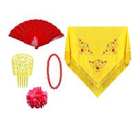 Pack Accesorios Flamenco para Mujer, Mantón con Flores Flamencos Sevillana para Fiesta de Baile, Pinzas de Pelo Tradicional, Abanicos en Diseño Flamenco (Amarillo)