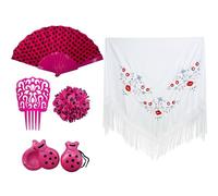 Pack Accesorios Flamenco para Mujer, Mantón con Flores Flamencos Sevillana para Fiesta de Baile, Pinzas de Pelo Tradicional, Abanicos en Diseño Flamenco (Fucsia/Blanco)
