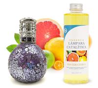 Pack Ahorro Lámpara Catalítica Mosaico Azul Océano + Fragancia Aroma Winter Citrus 200ml. Elimina malos olores e impurezas, perfuma y limpia.