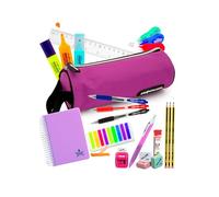Pack Ahorro Papelería Escolar adolescentes - Estuche Bolígrafos, azul, negro, rojo, Lápices HB Staedtler Portaminas, Correctores, Afila-borra Milán, Marcapáginas, Libreta A6, Regla - MORADO