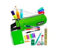 Pack Ahorro Papelería Escolar adolescentes - Estuche Bolígrafos, azul, negro, rojo, Lápices HB Staedtler Portaminas, Correctores, Afila-borra Milán, Marcapáginas, Libreta A6, Regla - VERDE