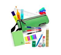 Pack Ahorro Papelería Escolar adolescentes - Estuche Bolígrafos, azul, negro, rojo, Lápices HB Staedtler Portaminas, Correctores, Afila-borra Milán, Marcapáginas, Libreta A6, Regla - VERDE CLARO
