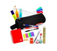Pack Ahorro Papelería Escolar adolescentes - Estuche Bolígrafos, azul, negro, rojo, Lápices HB Staedtler Portaminas, Correctores, Afila-borra Milán, Marcapáginas, Libreta A6, Regla - NEGRO