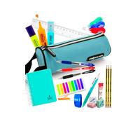 Pack Ahorro Papelería Escolar adolescentes - Estuche Bolígrafos, azul, negro, rojo, Lápices HB Staedtler Portaminas, Correctores, Afila-borra Milán, Marcapáginas, Libreta A6, Regla - CELESTE