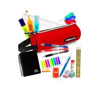 Pack Ahorro Papelería Escolar adolescentes - Estuche Bolígrafos, azul, negro, rojo, Lápices HB Staedtler Portaminas, Correctores, Afila-borra Milán, Marcapáginas, Libreta A6, Regla - ROJO