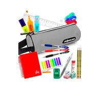 Pack Ahorro Papelería Escolar adolescentes - Estuche Bolígrafos, azul, negro, rojo, Lápices HB Staedtler Portaminas, Correctores, Afila-borra Milán, Marcapáginas, Libreta A6, Regla - GRIS