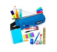 Pack Ahorro Papelería Escolar adolescentes - Estuche Bolígrafos, azul, negro, rojo, Lápices HB Staedtler Portaminas, Correctores, Afila-borra Milán, Marcapáginas, Libreta A6, Regla - AZUL