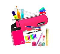 Pack Ahorro Papelería Escolar adolescentes - Estuche Bolígrafos, azul, negro, rojo, Lápices HB Staedtler Portaminas, Correctores, Afila-borra Milán, Marcapáginas, Libreta A6, Regla - FUCSIA