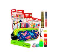 Pack Ahorro Vuelta al Cole Niño y Niña con Estuche 3 Cremalleras, Lápices, Bolígrafo, Ceras, Rotuladores, Sacapuntas, Regla, Pegatinas, Pegamento, Goma, Tijeras - DINOS