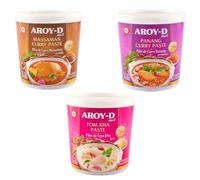 Pack Aroy-D Pastas de Curry Tailandés 3 x 400 g | Tom Kha + Panang + Massaman | Surtido de Bases para Cocina Asiática | Sabores Auténticos de Tailandia | Total 1,2 kg