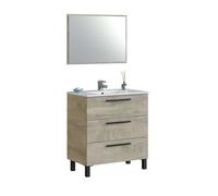 Miroytengo Pack Baño Completo Roble Alaska Mueble Baño, Columna de baño, Espejo y Lavabo Cerámico Incluido Madera claro - Negro -