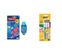 Pack BIC Tipp-Ex + BIC 4 Colores Shine: Cinta Correctora Micro Tape Twist, Con Cabezal Rotativo 8m x 5mm Blíster de 3 - Bolígrafos Retráctiles Multicolor, Óptimo para Material Escolar y Oficina