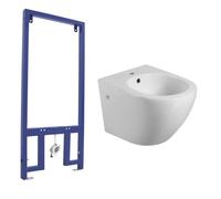 Pack Bidet Suspendido Cerámico de Baño con Bastidor para Bidé | Bidé al Aire de Fondo Reducido Sin Tapa Redondo Cerámico Moderno y Fácil Limpieza | Acompañado de Bastidor | Blanco Brillo