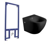 Pack Bidet Suspendido Cerámico de Baño con Bastidor para Bidé | Bidé al Aire de Fondo Reducido Sin Tapa Redondo Cerámico Moderno y Fácil Limpieza | Acompañado de Bastidor | Negro Mate