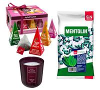 Pack bienestar: MENTOLIN EUCALIPTUS S/A BOLSA 1KG + Vela perfumada en vidrio rosa de silicona 170 g + Caja de Té Joyfull con variedad de sabores