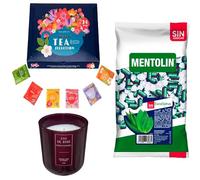 Pack bienestar: MENTOLIN EUCALIPTUS S/A BOLSA 1KG + Vela perfumada rosa de silicona 170 g + Set de Te con 24 bolsitas con diferentes sabores y aromas