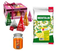 Pack bienestar: MENTOLIN LIMON MELISA S/A BOLSA 1KG + Vela de Frutas Exóticas 510g + WELL HOME - Caja de Té Joyfull con variedad de sabores