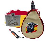 Pack Bota De Vino 1,5 L Taurina + Petaca con Grabado Cazador de 118 ml Jabalí De Acero Inoxidable Y Sacacorchos Con Imán | Regalo Para Caza Y Campo (Cazador)