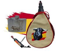 Pack Bota De Vino 1,5 L Taurina + Petaca con Grabado Jabalí de 118 ml De Acero Inoxidable Y Sacacorchos Con Imán | Regalo Para Caza Y Campo (Jabalí)