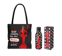 Pack Botella Térmica Flamenca María Rojo + Bolso Tote Málaga “No soy perfecta” - Fondo Negro con Lunares - Diseño illustrArte - Reutilizable - Idea de Regalo Original